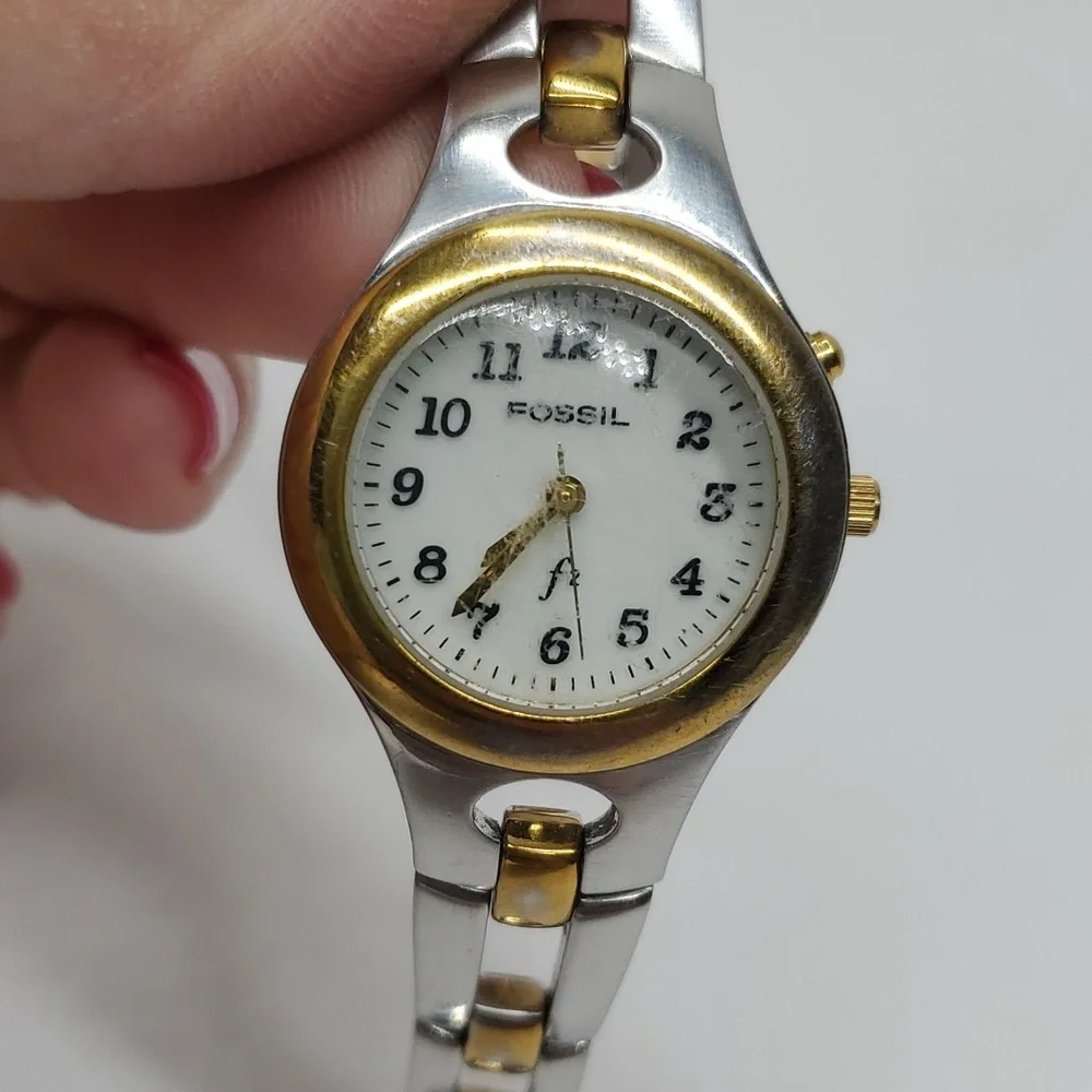 Vintage Fossil F² Watch ES9604 Two Tone Steel Wristband White Face Watch